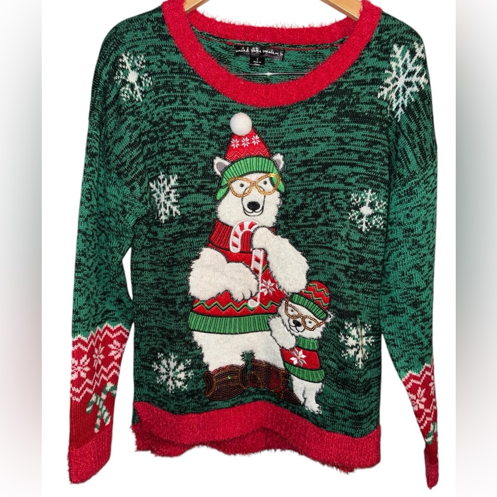 Womens Green Polar Bears Mom Baby Sequin Christmas Xmas Holiday Sweater Small
